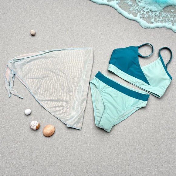 Girls 3pc Colorblock Teal/Blue Bikini + Cover-Up, 13–14Y NWOT - Picture 2 of 13